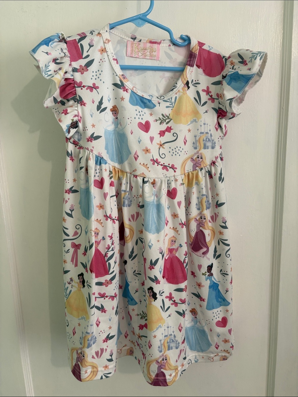 Girls White Princess Print Ruffle Sleeve Dress